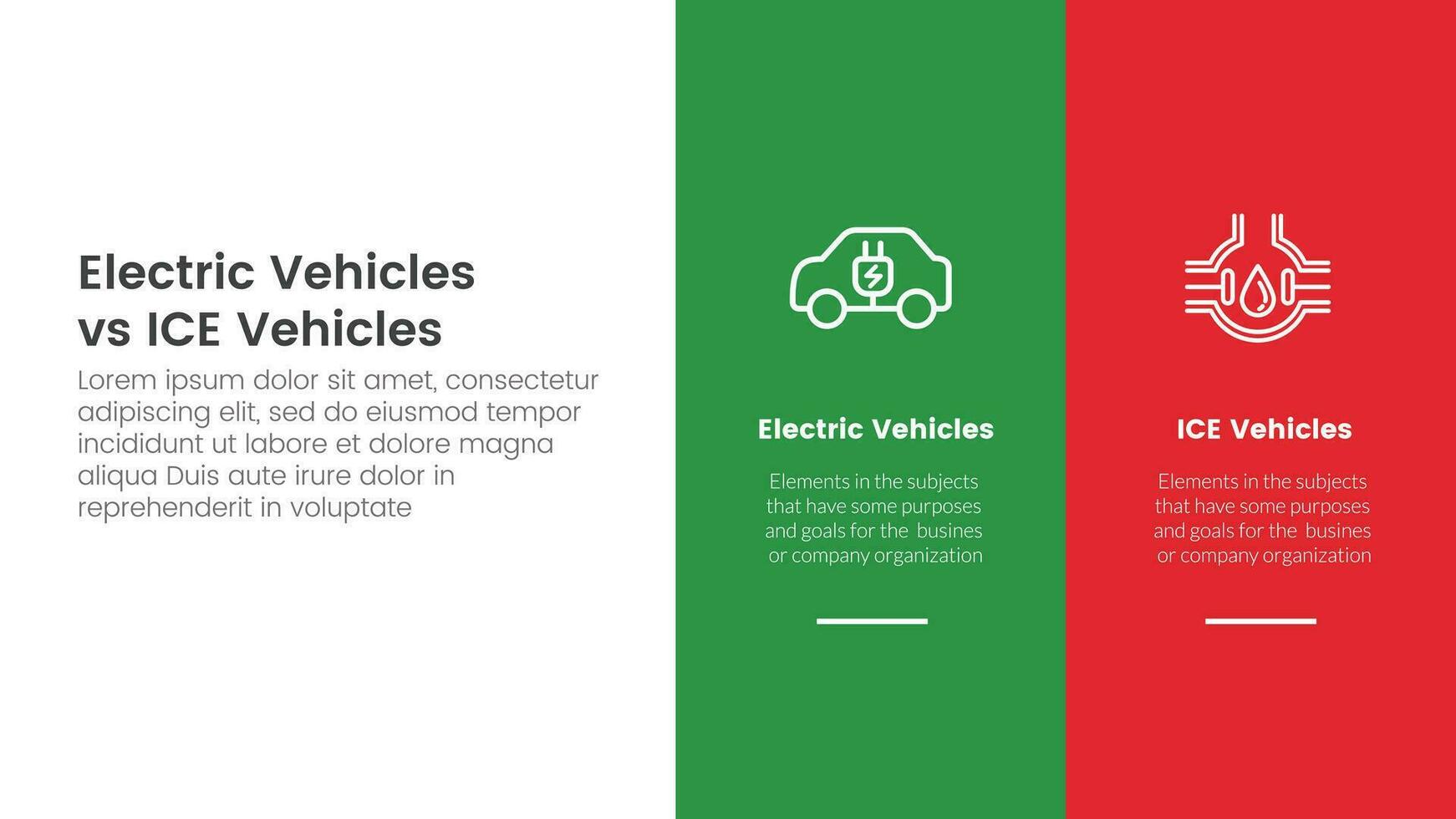 ev vs ice electric vehicle comparison concept for infographic template banner with big column banner on right layout with two point list information vector