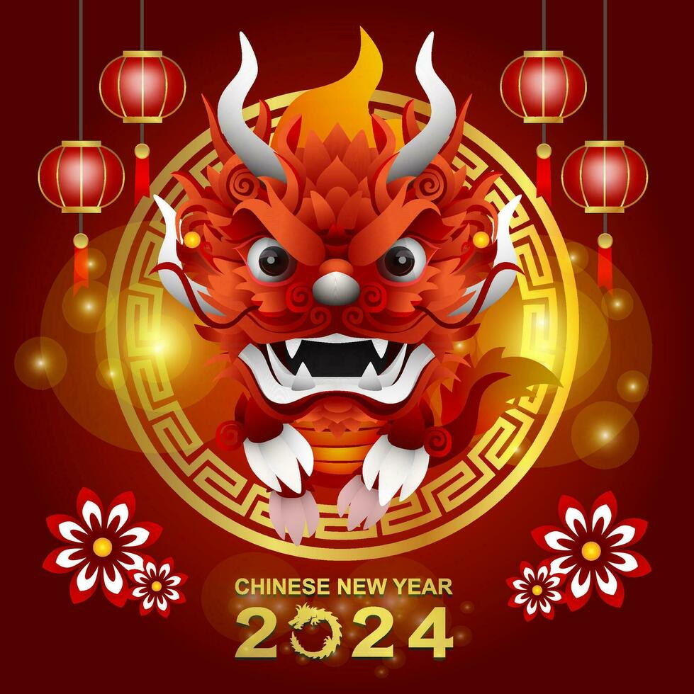 happy chinese new year 2024 with lunar spring elements vector