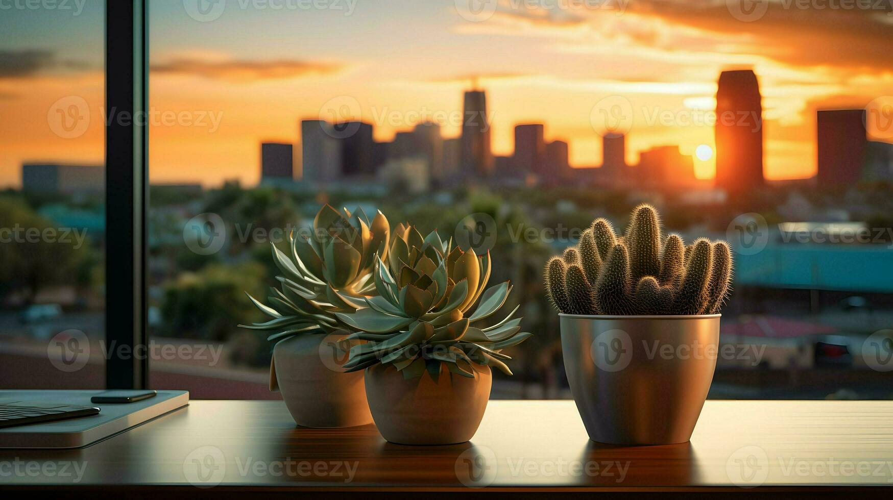 AI generated Flower pot on a office desk, succulent cactus vase, Generative AI photo