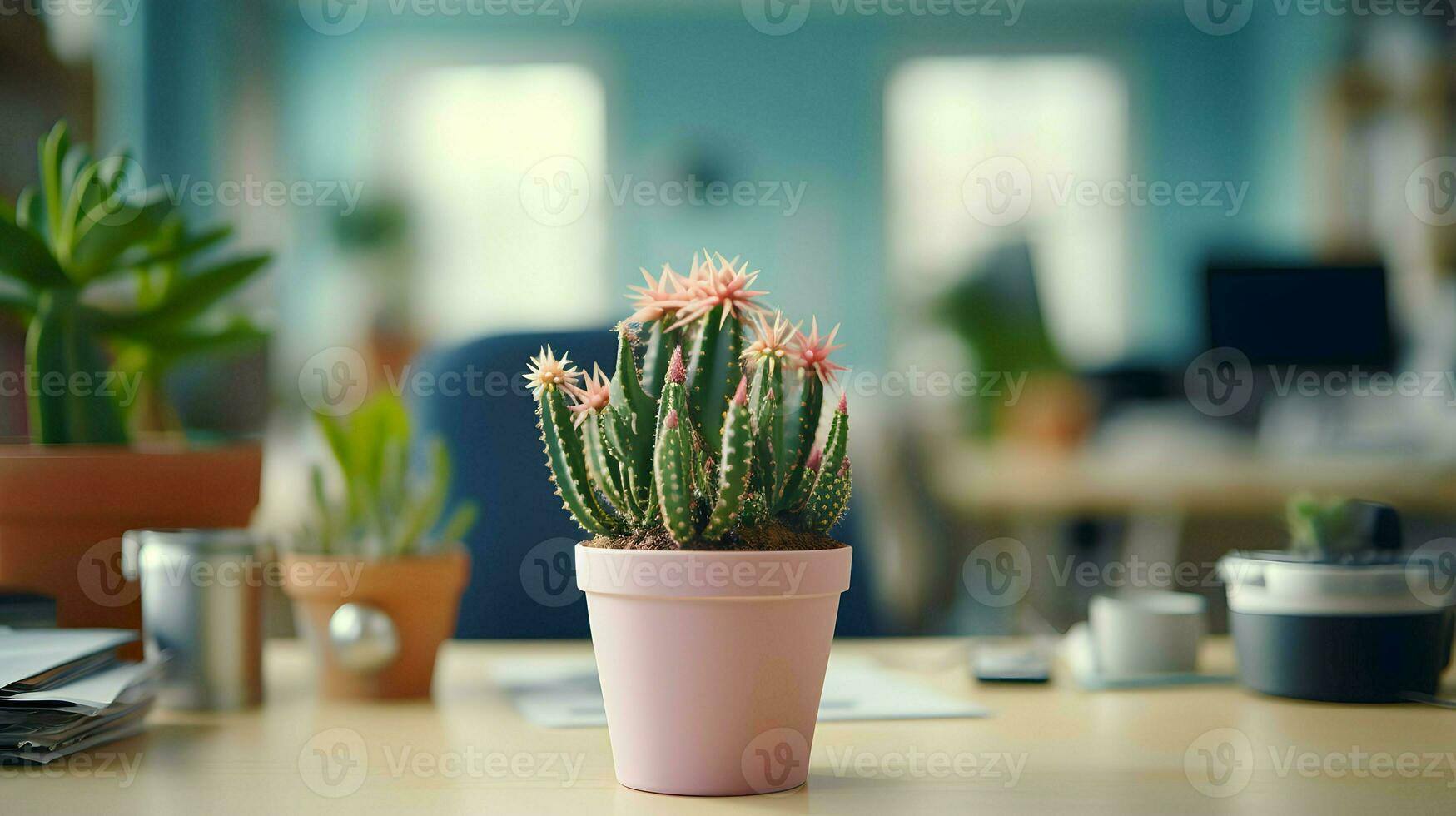 AI generated Flower pot on a office desk, succulent cactus vase, Generative AI photo