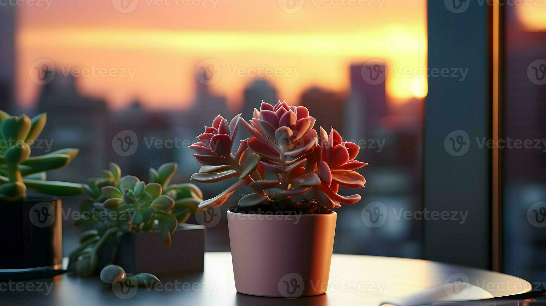 ai generado flor maceta en un oficina escritorio, suculento cactus florero, generativo ai foto