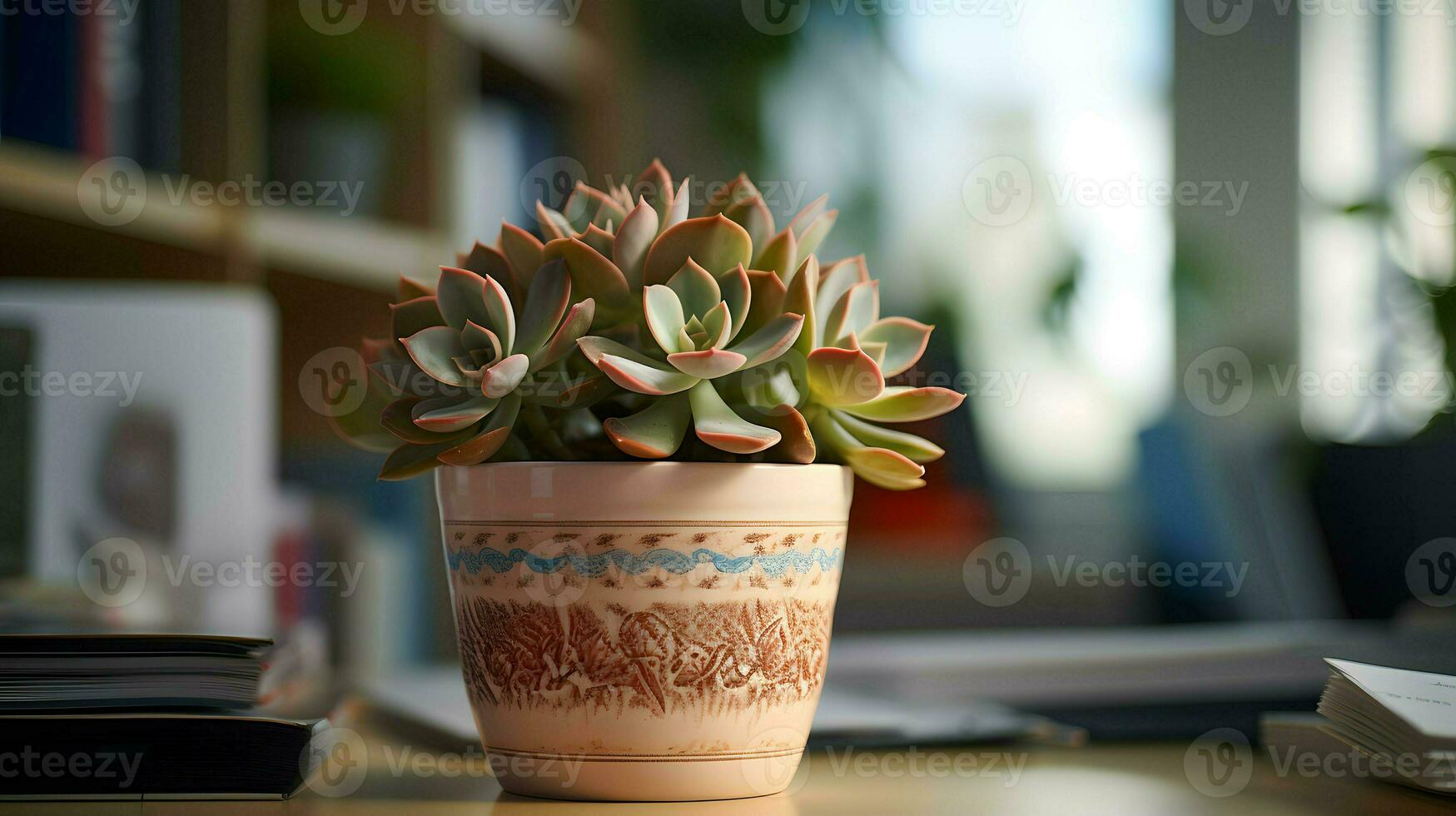 AI generated Flower pot on a office desk, succulent cactus vase, Generative AI photo