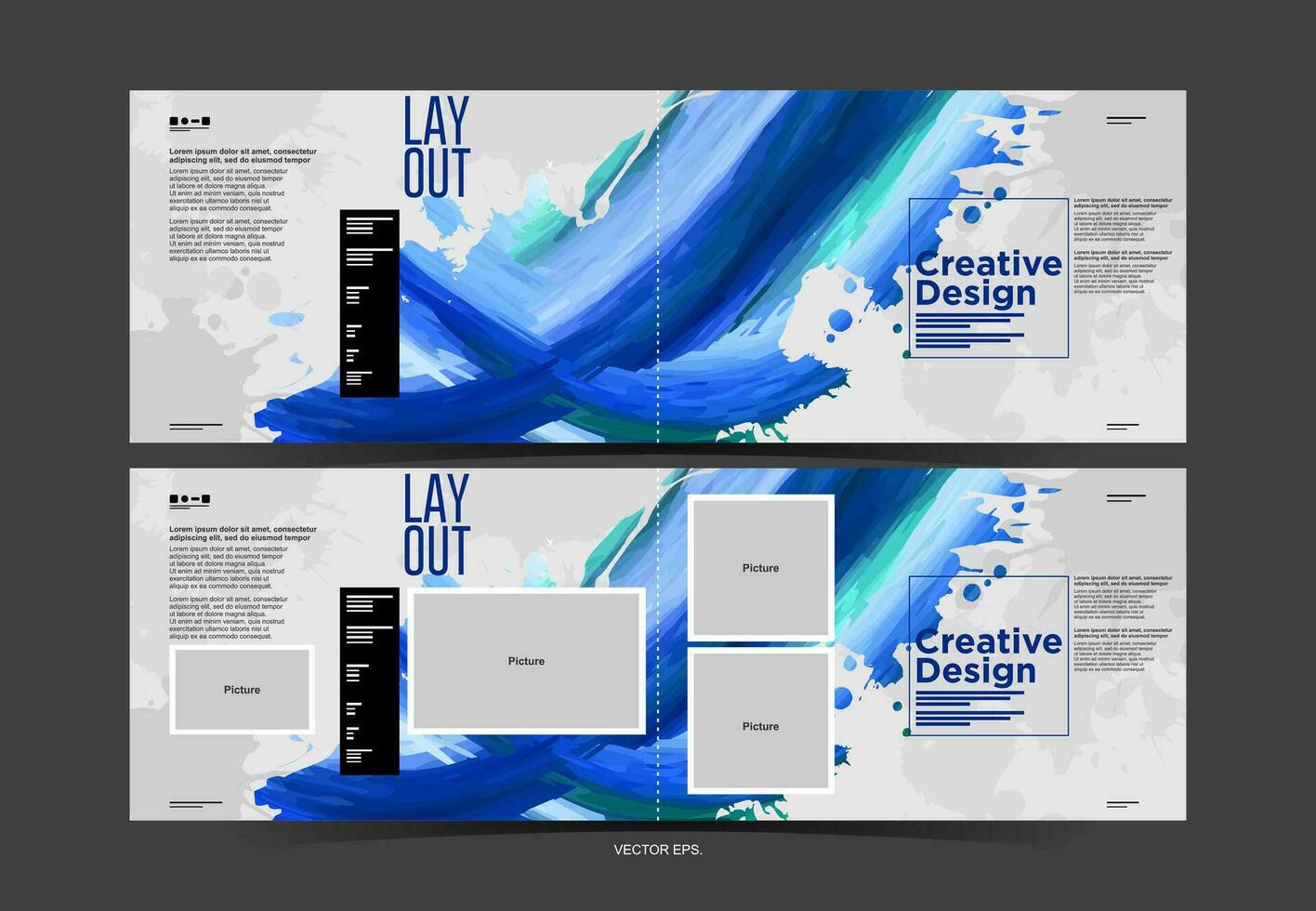 a set of three brochures with blue and white paint vector