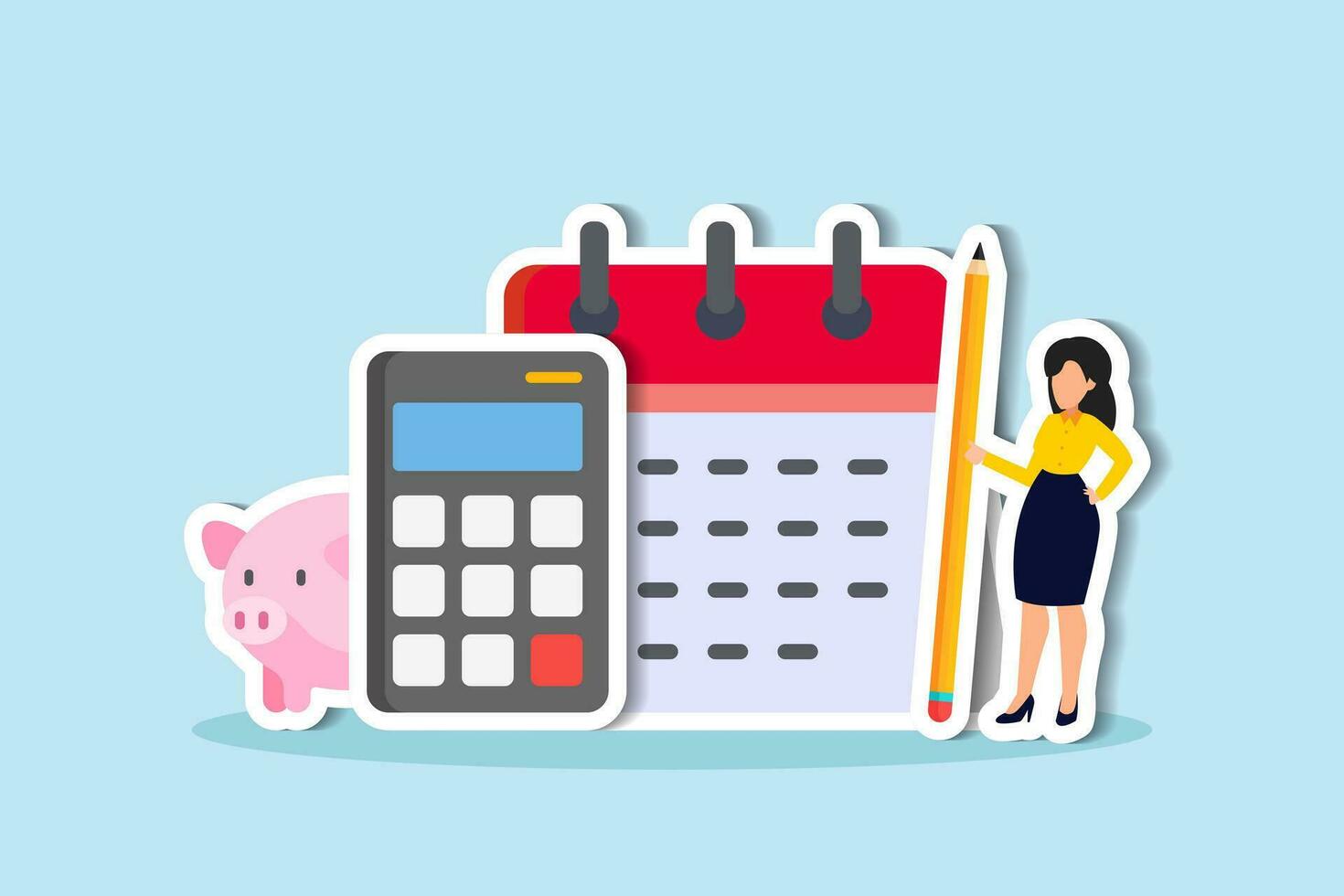 Monthly cost or budget, expense to pay bill, mortgage or debt, plan for savings or investment, money management or credit card payment, smart woman plan her monthly budget with calendar and piggybank. vector