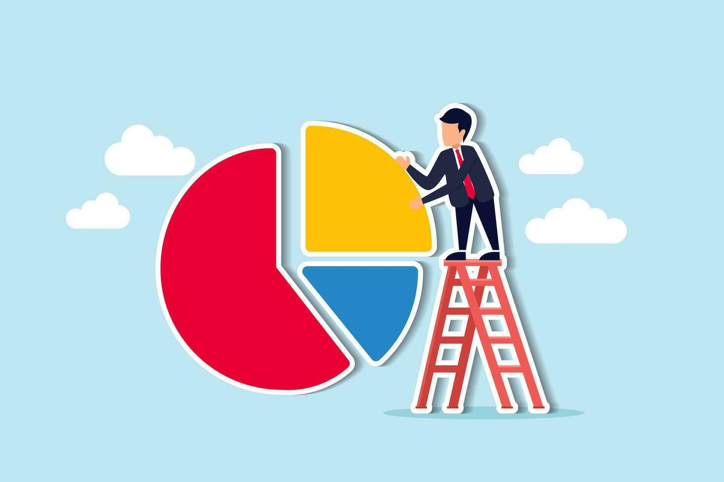 Investment asset allocation and rebalance concept, businessman investor or financial planner standing on ladder to arrange pie chart as rebalancing investment portfolio to suitable for risk and return vector