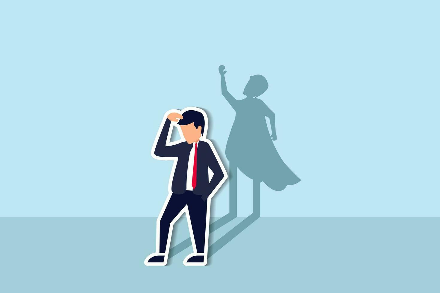 Self confidence or leadership to bring full potential and strength, motivation to achieve business success concept, self doubt businessman standing with his skillful power superhero shadow on the wall vector