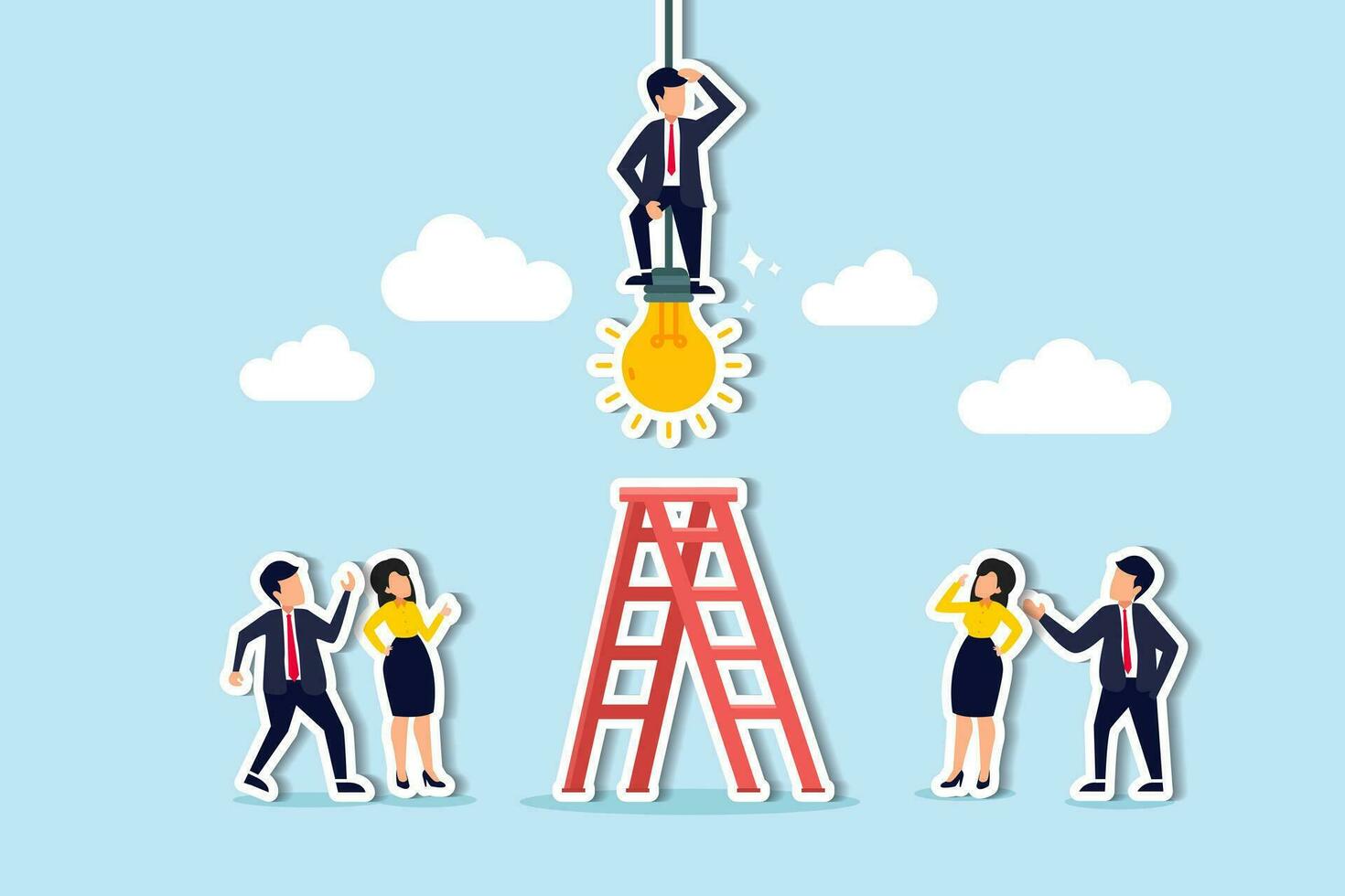 Initiative idea, leader or ambition to act to get solution and solve problem, courage to success or motivation and challenge concept, businessman initiate solution climb up lightbulb to get solution. vector