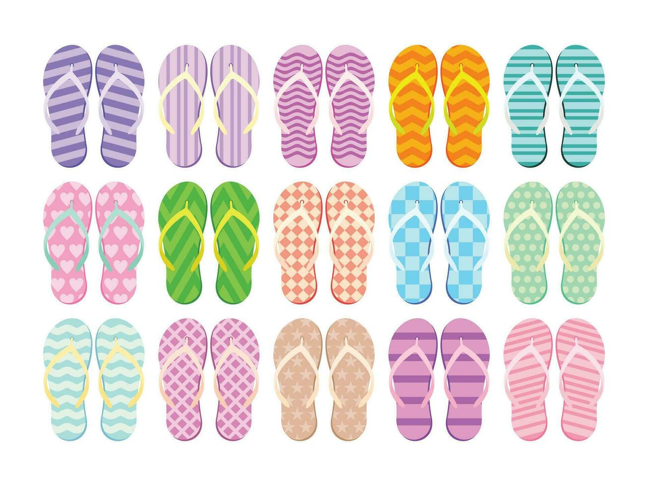 Colored Flip-Flops Illustration. Patterned Slippers or Footwear Collection Vector Flat Color.