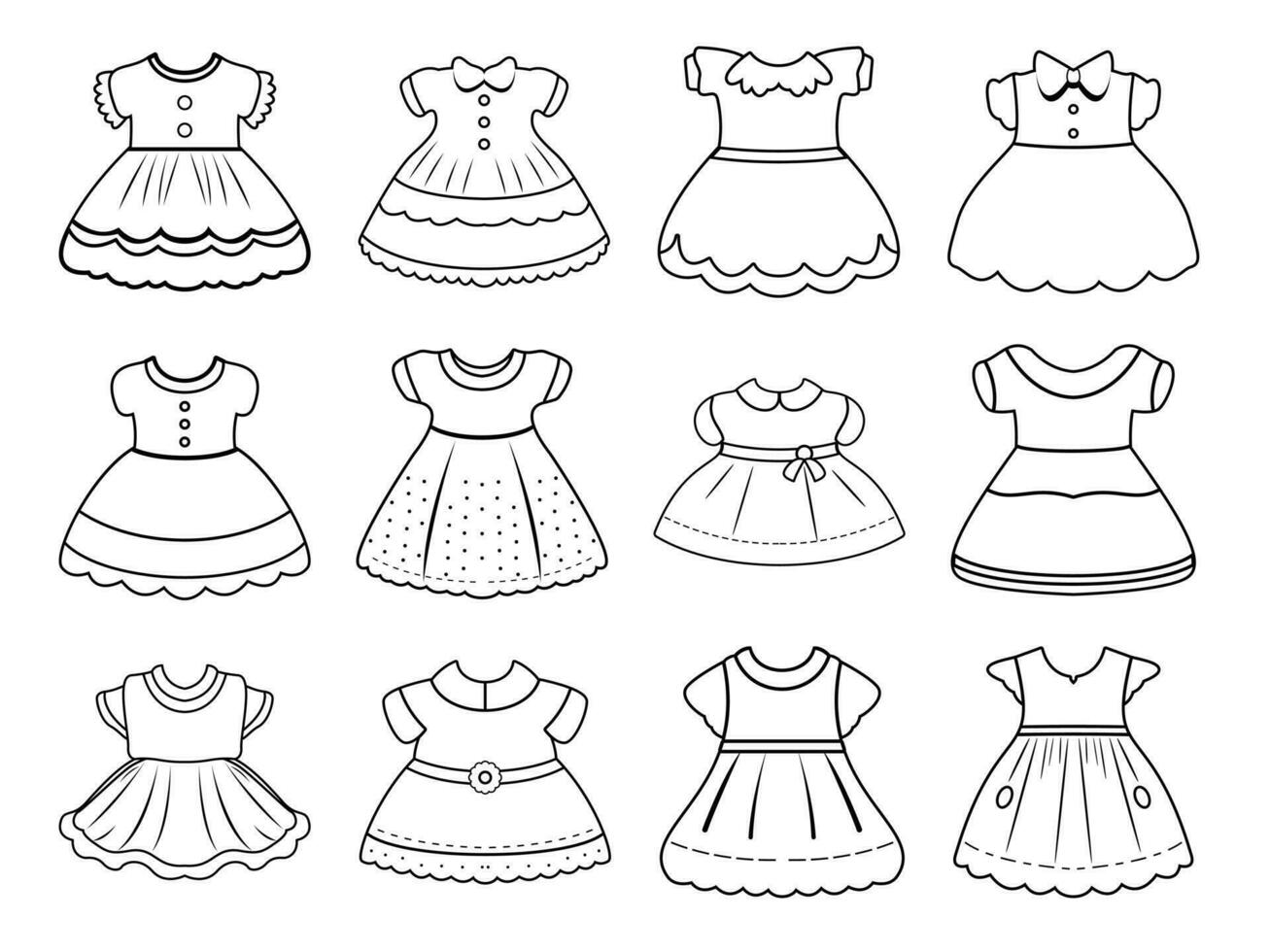 bebé niña vestido, niña ropa vector línea Arte ilustración