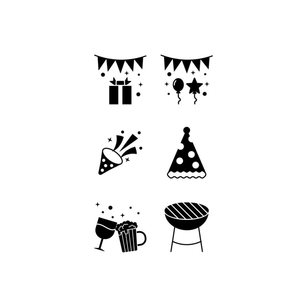 icon set party, gift box, balloons, confetti, party hat, beer, cheers, barbeque grill.isolated on white background with black fill style. vector