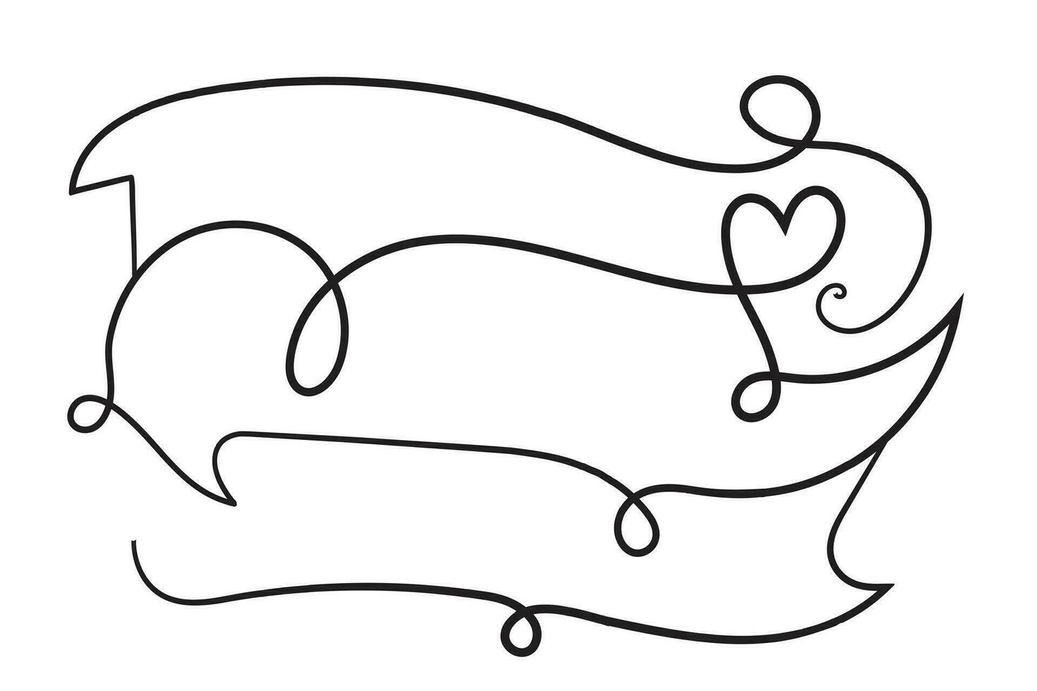 Hand drawn curly hearts scroll Line Calligraphic writing outline ribbon, calligraphy lettering poster useful valentine day, blank space writing for text, ribbon romantic love empty outline banner vector