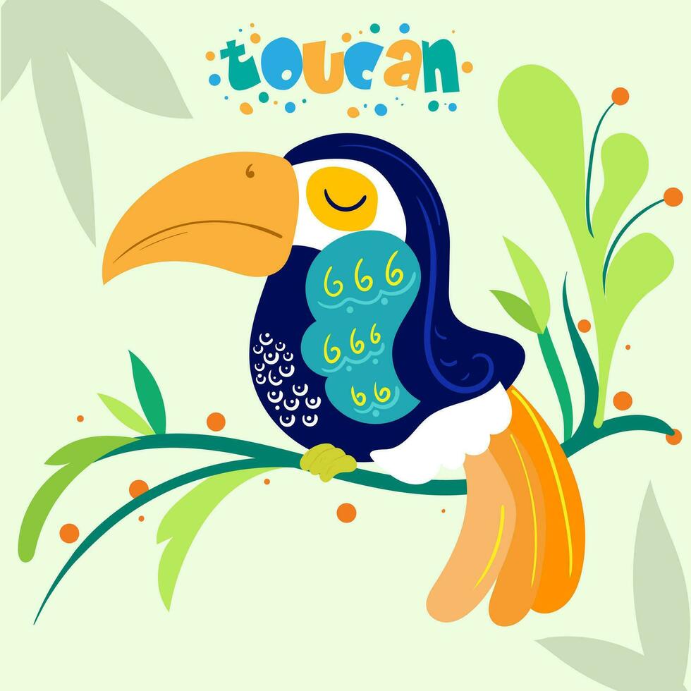 illustration of cute toucan on branch. Hand drawn childish character of toucan.Childish print for nursery. Design can be used for fashion t-shirt kids vector