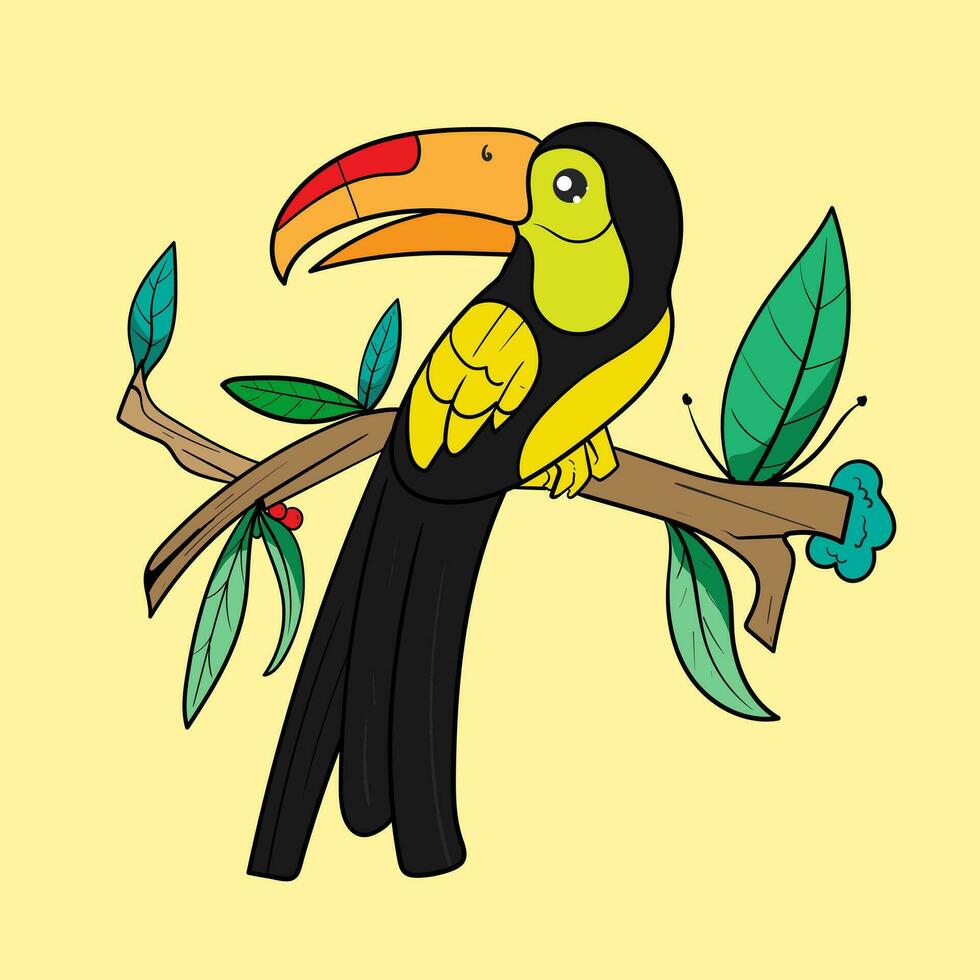 Funny cute exotic hand drawn childish character of toucan  on branch. Design can be used for fashion t-shirt, greeting card, baby shower. vector