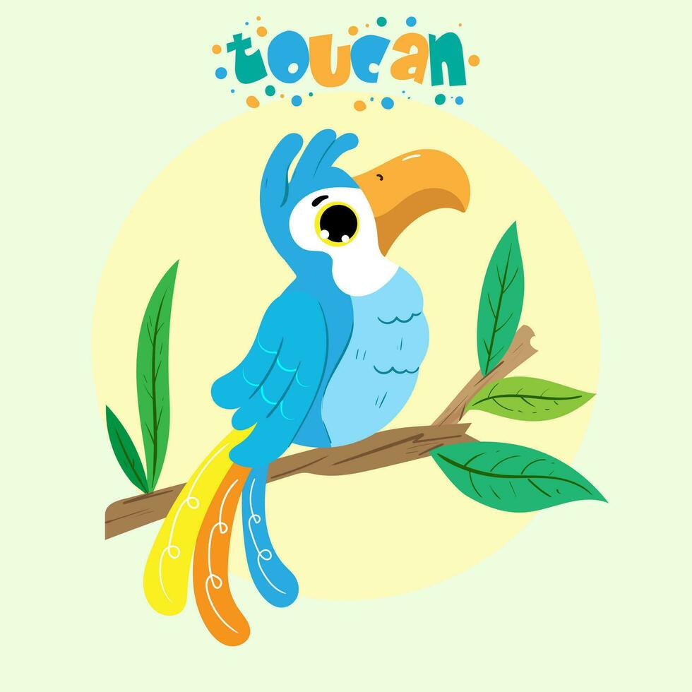 ilustración de linda tucán en rama. mano dibujado infantil personaje de tucan.infantil impresión para guardería. diseño lata ser usado para Moda camiseta niños vector