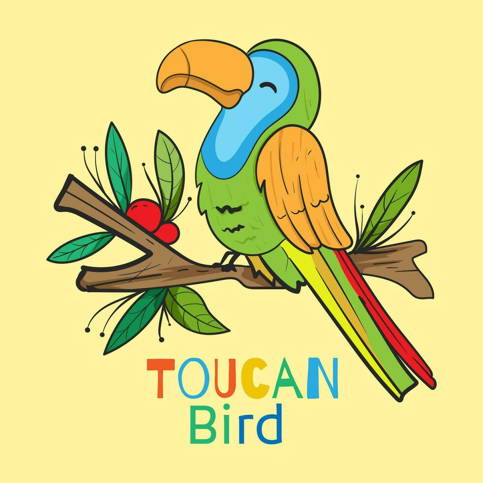 gracioso linda exótico mano dibujado infantil personaje de tucán en rama. diseño lata ser usado para Moda camiseta, saludo tarjeta, bebé ducha. vector