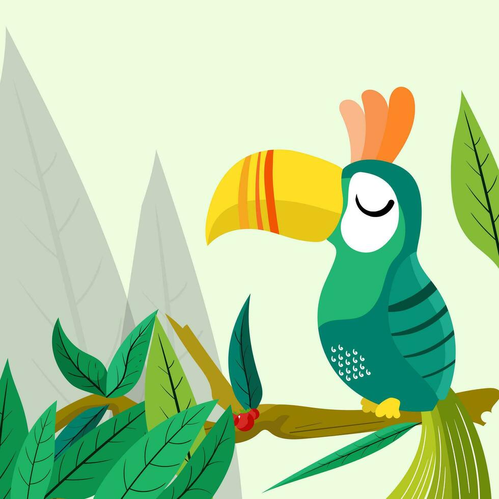 ilustración de linda tucán en rama. mano dibujado infantil personaje de tucan.infantil impresión para guardería. diseño lata ser usado para Moda camiseta niños vector