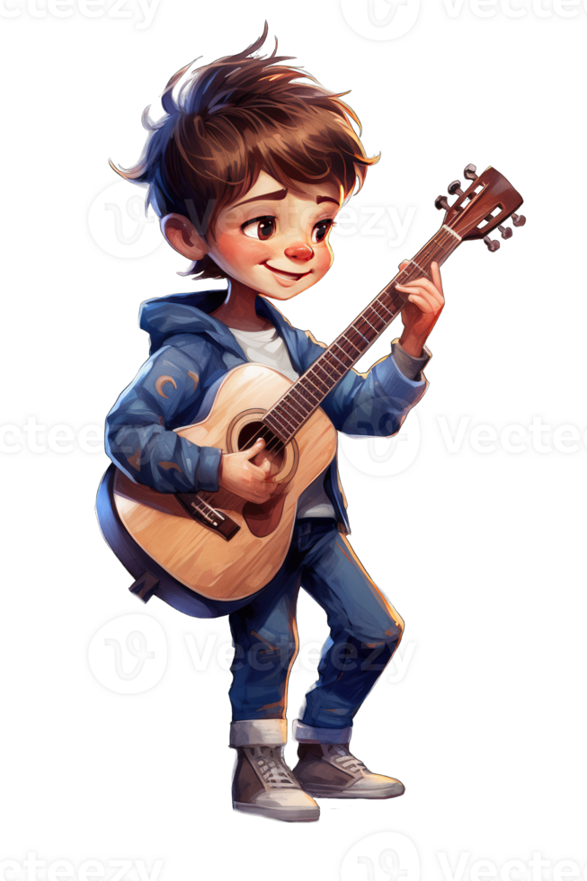 AI generated Cartoon boy playing guitar, Cute little boy playing music, transparent background png