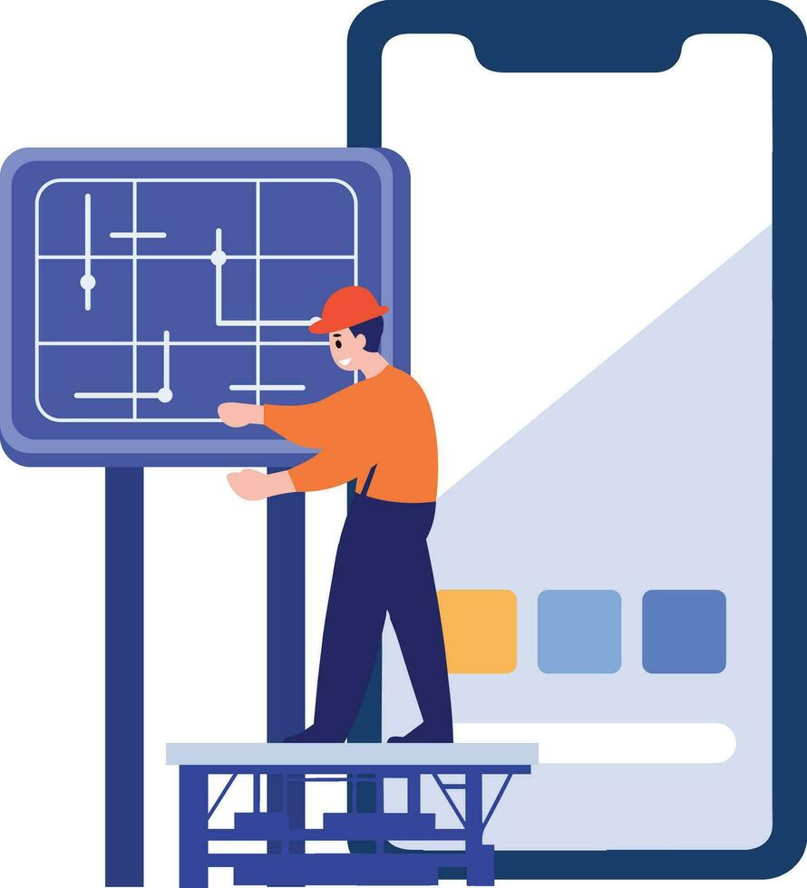 mano dibujado ingeniero instalando solar células en plano estilo vector