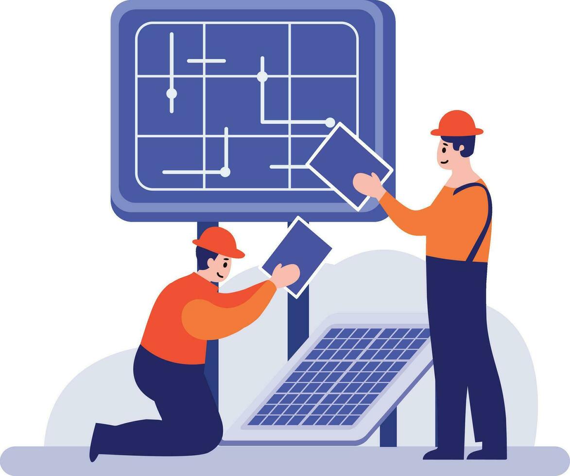 Hand Drawn Engineer installing solar cells in flat style vector