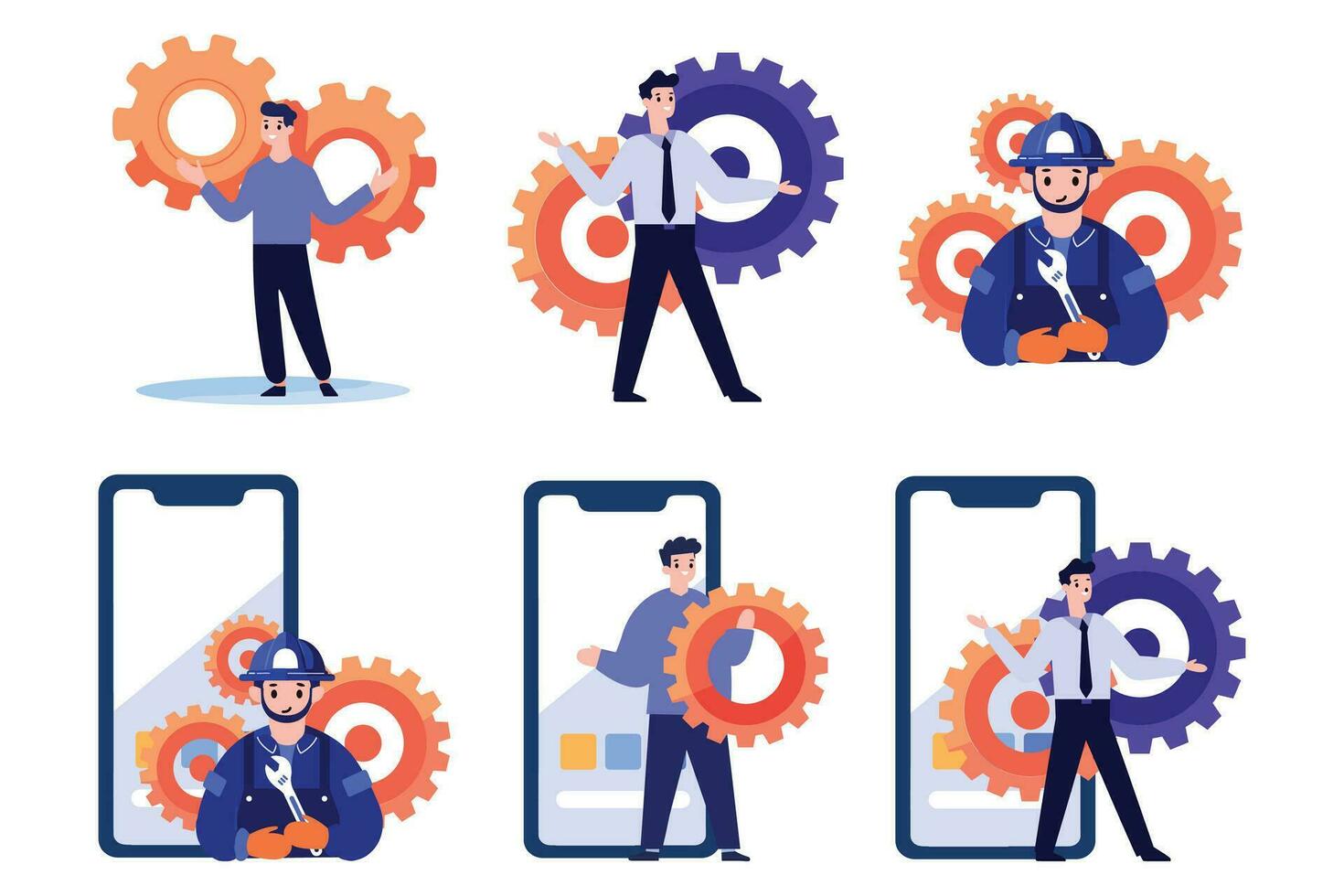 Hand Drawn Engineer or architect with cogs in construction concept in flat style vector