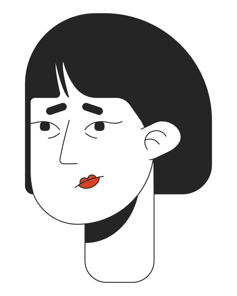 enfermo adulto asiático mujer rojo labios 2d lineal vector avatar ilustración. coreano hembra influenza contorno dibujos animados personaje rostro. náuseas, ansiedad sensación plano color usuario perfil imagen aislado