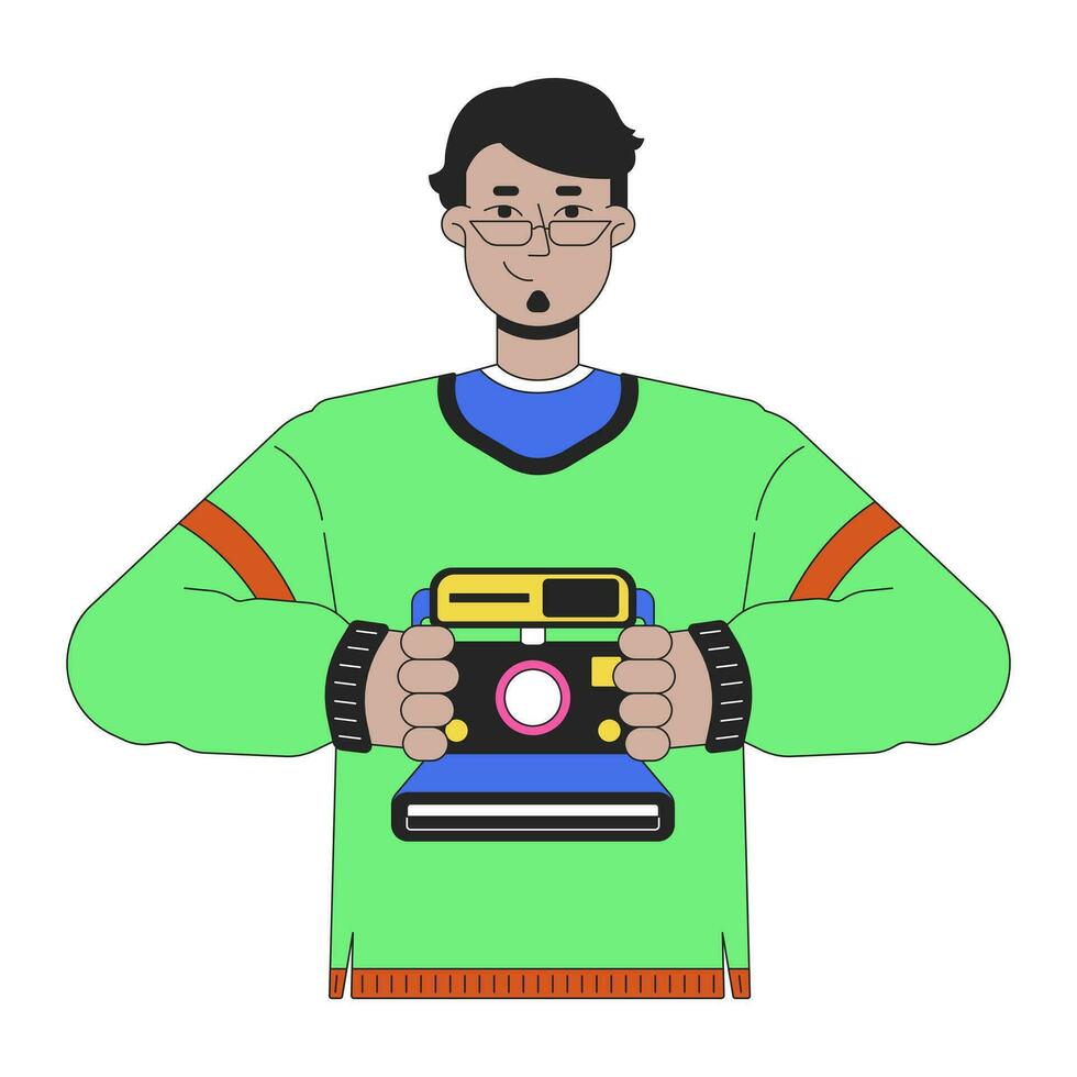 Cheerful arab man holding retro camera 2D linear cartoon character. Middle eastern guy taking photo isolated line vector person white background. Nostalgia memories color flat spot illustration