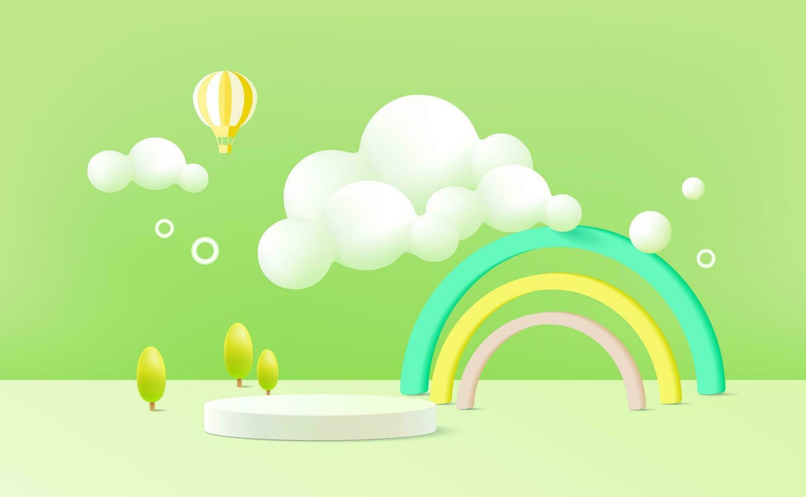 3d representación podio niño estilo con color pastel fondo, nubes y clima con espacio para niños o bebé producto vector