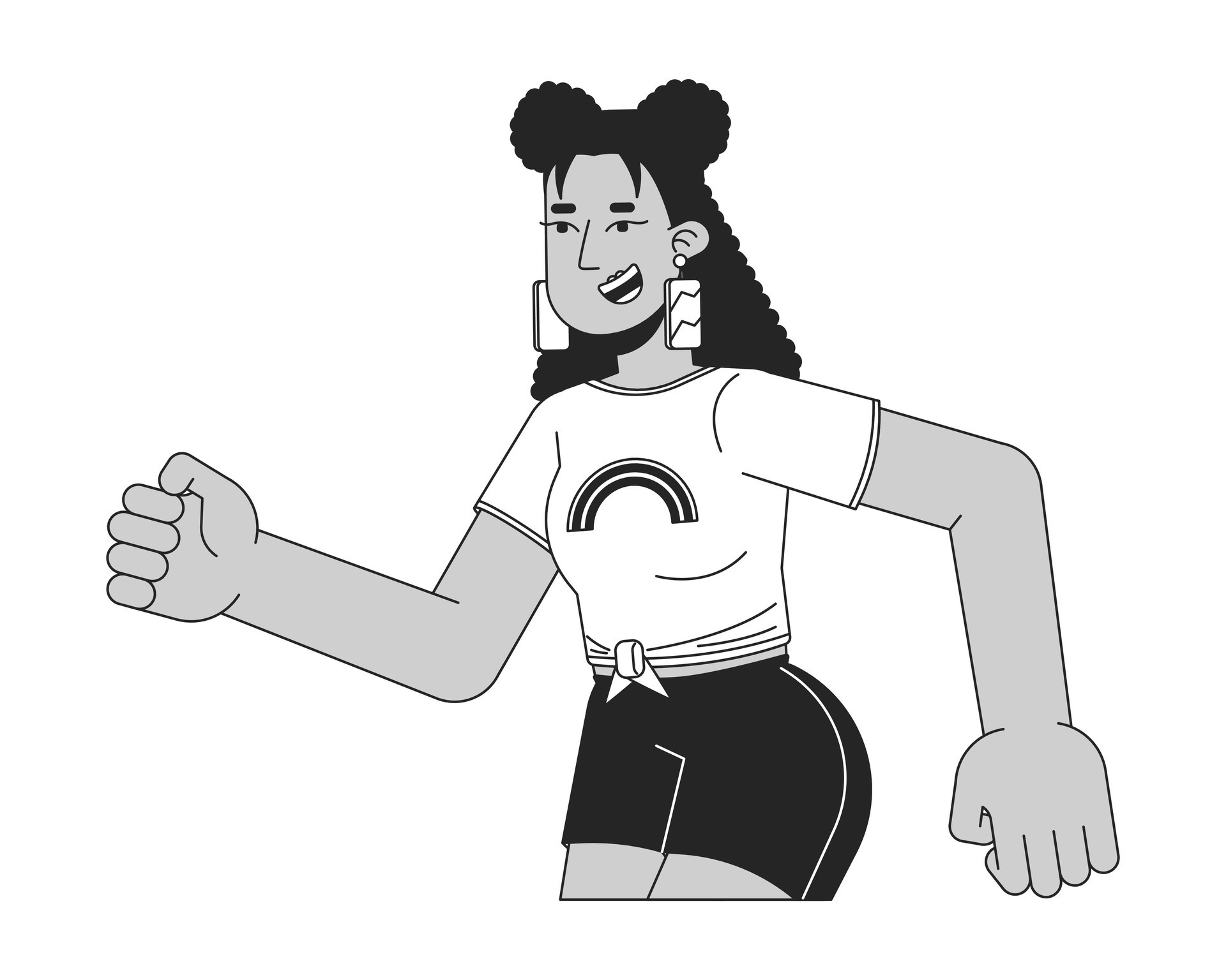 Cool latina girl sprinting running black and white 2D line cartoon