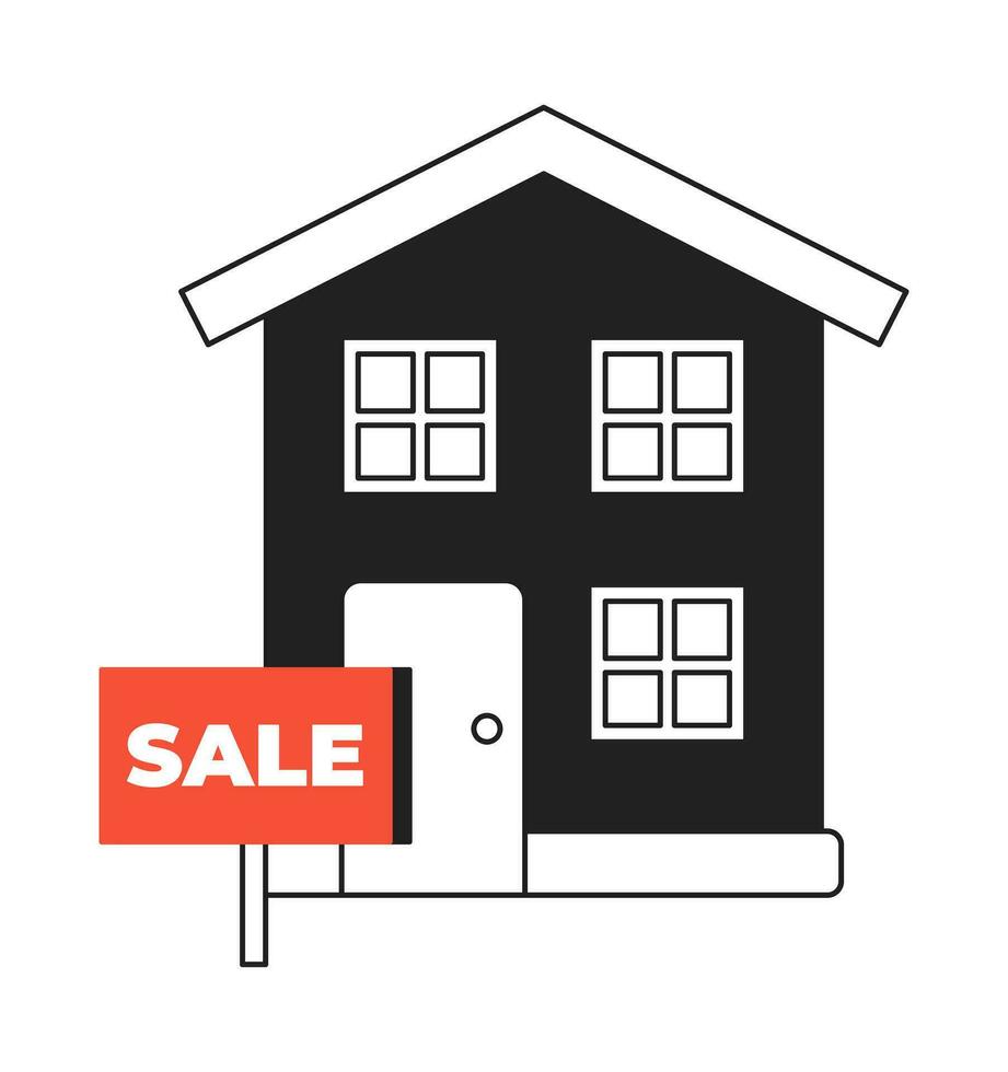 For sale sign house black and white 2D illustration concept. Selling home. Property for sale isolated cartoon outline object. Apartment real-estate agency sign metaphor monochrome vector art