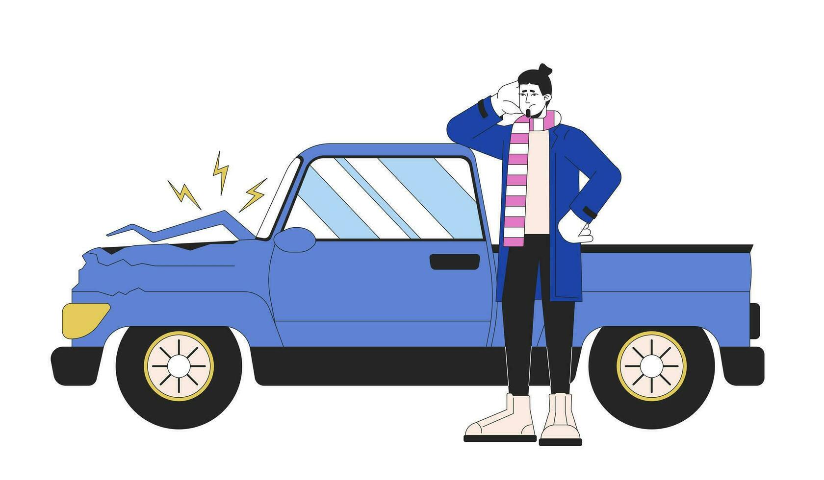 Caucasian sad man near broken vehicle 2D linear cartoon character. Frustrated european guy standing isolated line vector person white background. Accident automobile color flat spot illustration