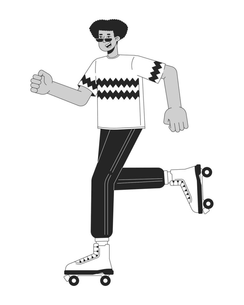 Años 80 patinador patinar negro y blanco dibujos animados plano ilustración. Hispano frio chico rodillo Patinaje 2d arte lineal personaje aislado. ochenta retro nostalgia monocromo escena vector contorno imagen