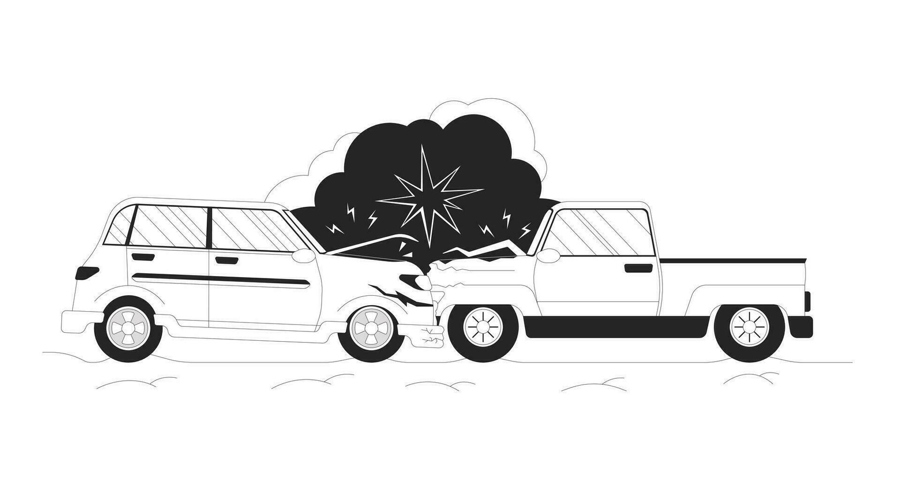 Head-on collision automobiles black and white 2D line cartoon object. Crash bumper. Transports traffic accident isolated vector outline item. Vehicles damaged monochromatic flat spot illustration