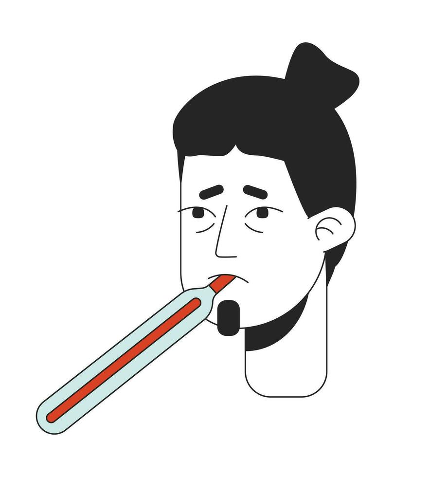 Caucasian adult man measuring oral temperature 2D linear vector avatar illustration. Sick male with oral thermometer outline cartoon character face. Fever flat color user profile image isolated