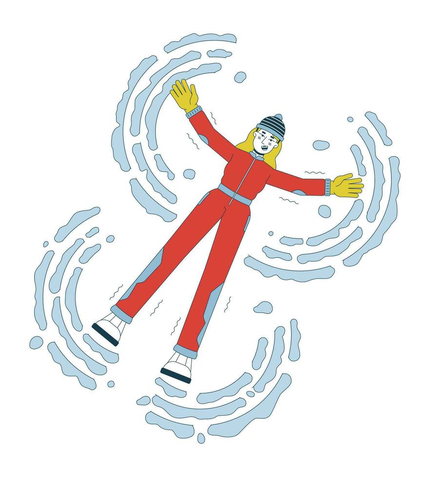 Winter outerwear woman making snow angel 2D linear cartoon character. Caucasian female playing in snow isolated line vector person white background. Wintertime leisure color flat spot illustration
