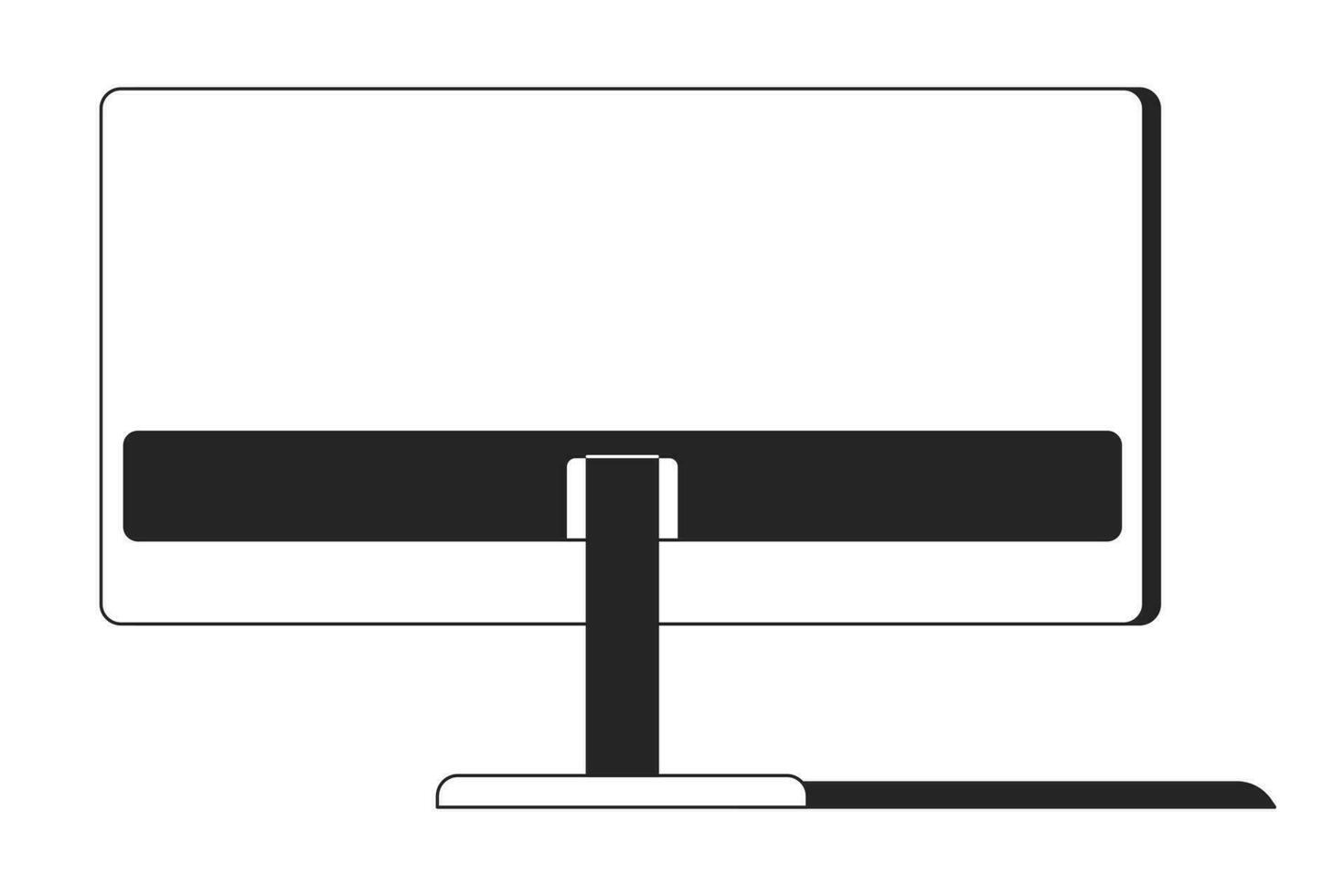 Back view computer desktop black and white 2D line cartoon object. Corporate technology isolated vector outline item. Furniture office. Computer monitor keyboard monochromatic flat spot illustration
