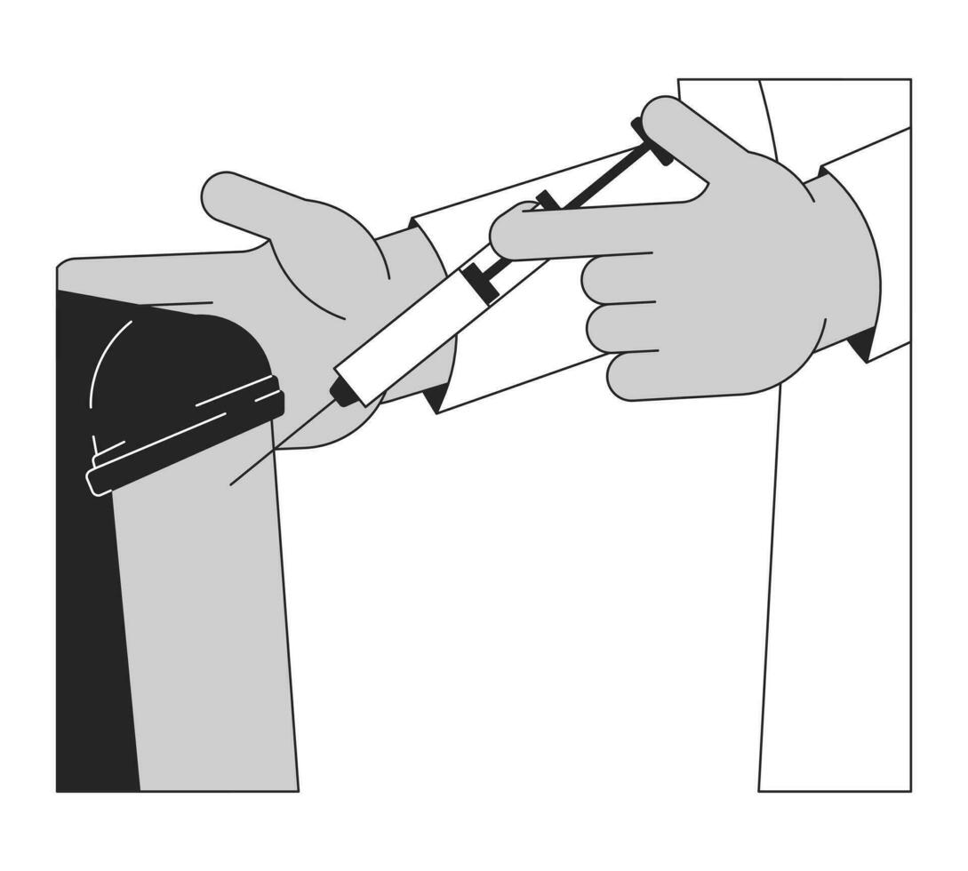 Get your flu shot black and white 2D line cartoon hands closeup. Patient vaccination isolated vector outline arms close up. Deltoid injection vaccine. Immunization monochromatic flat spot illustration