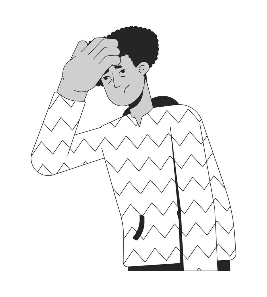 Sick latino man taking temp on forehead black and white 2D line cartoon character. Suffer headache isolated vector outline person. Feeling skin temperature monochromatic flat spot illustration