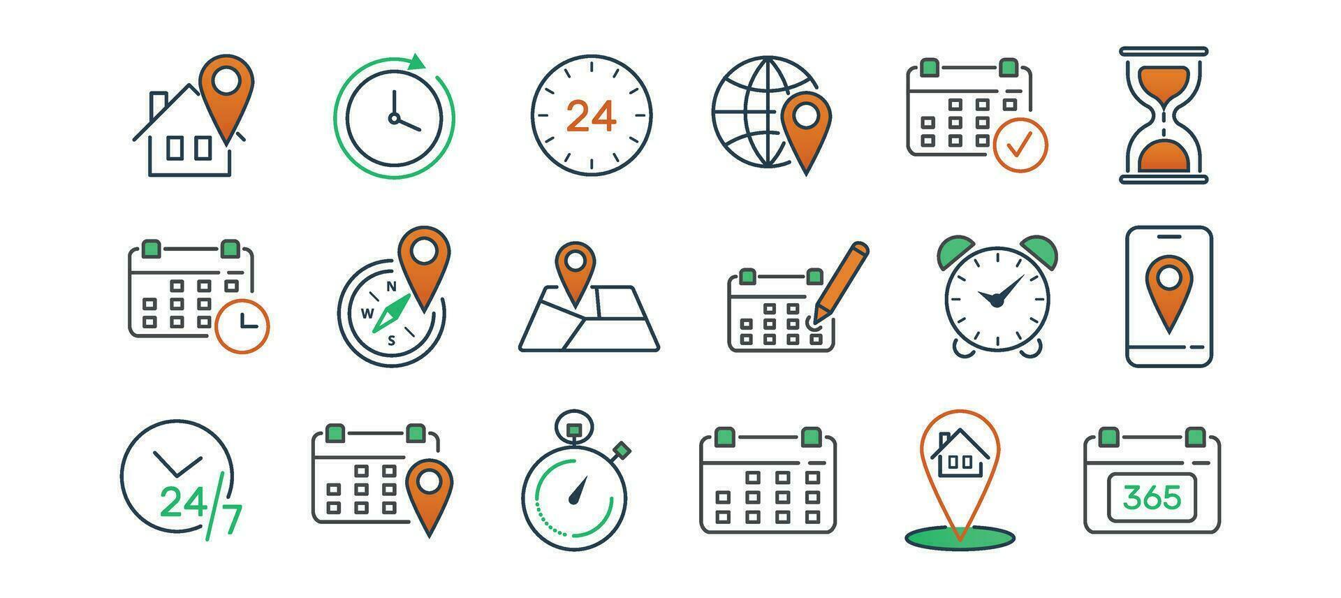 Time, date, location icon set. Place, home, yearly, compass, map, mark, round the clock vector illustration. Editable stroke