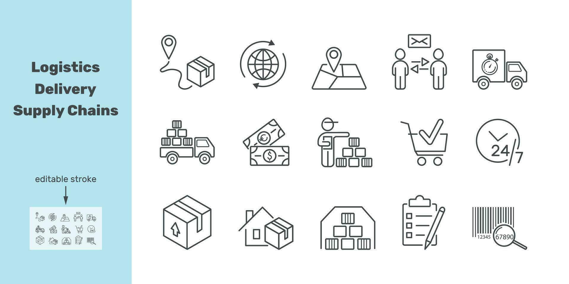 Logistics, Delivery, Supply Chains line icon set. Worldwide address delivery, parcel, payment, control, accounting, money, barcode, 24,7 vector illustration. Editable stroke