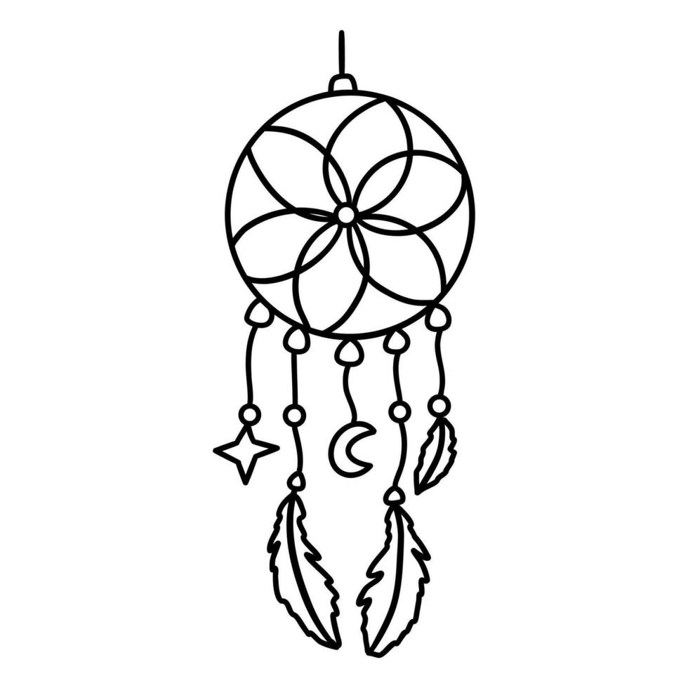Dreamcatcher with feathers, flower, star and crescent. Vector