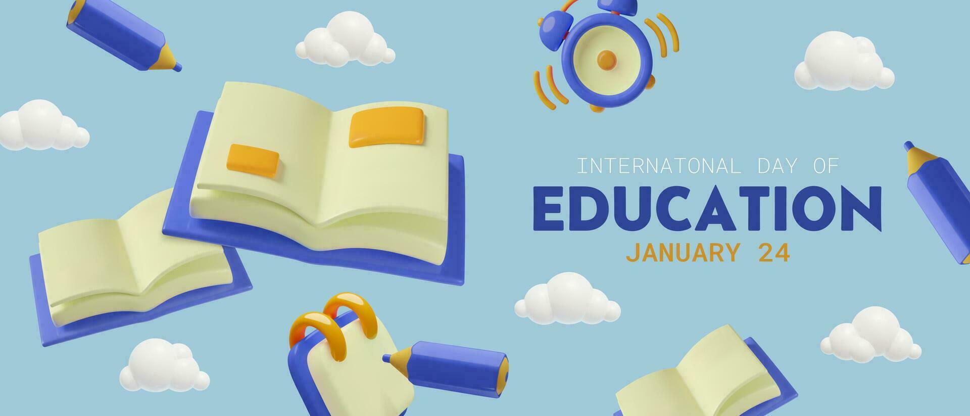 International Day of Education January 24 3D Banner background blue three dimensional stationary vector