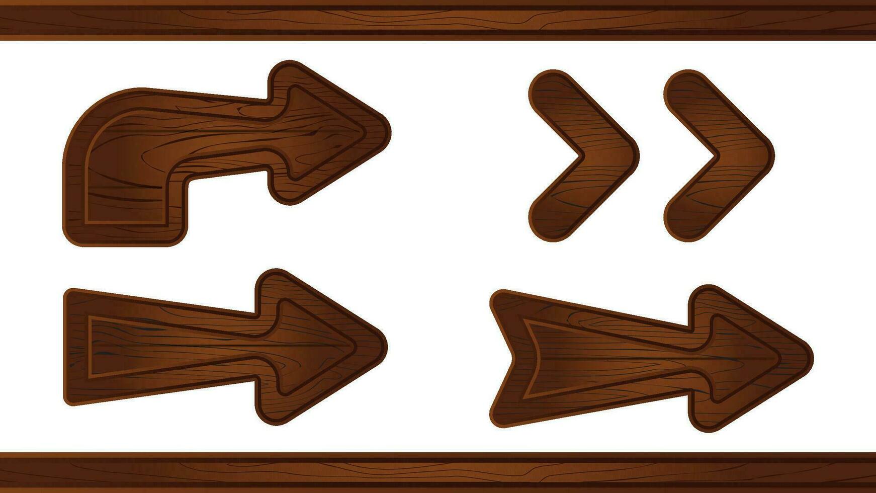 Wooden arrow sign board. Wood road pointer panel cartoon icon set. Empty isolated rustic timber plaque design for message or indicator. Game information frame vintage brown label illustration. vector