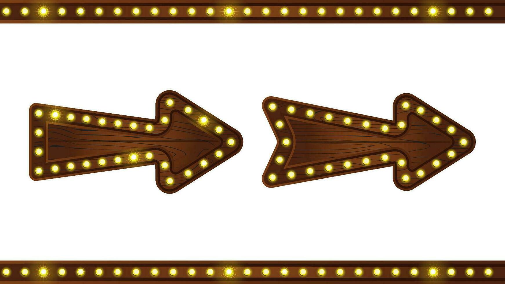 Wood arrow sign with bulb light. Vintage marquee neon retro signboard frame for direction to cinema or theater in Vegas. Saloon game ui empty illuminated pointer bar vector element