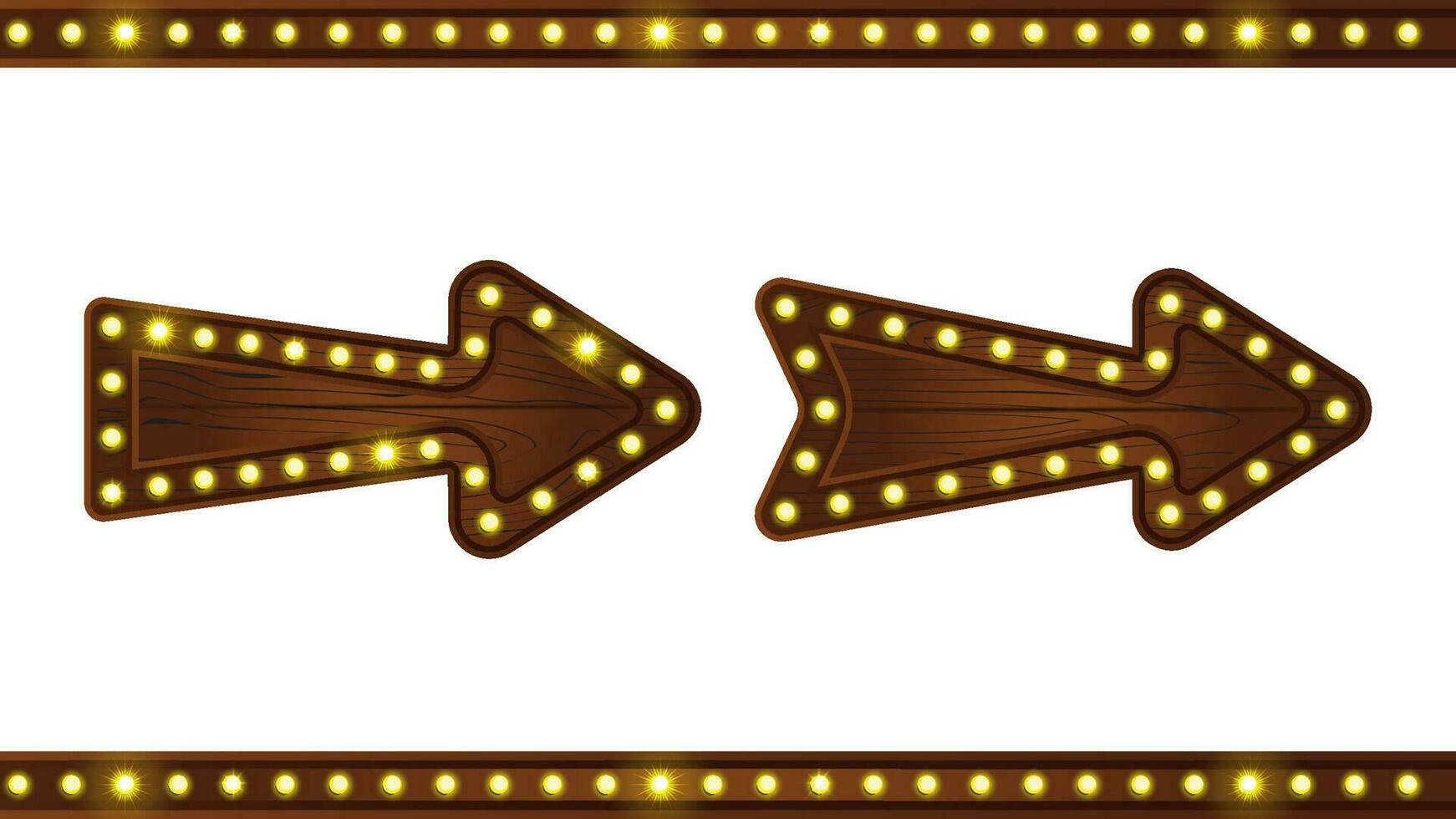 Wood arrow sign with bulb light. Vintage marquee neon retro signboard frame for direction to cinema or theater in Vegas. Saloon game ui empty illuminated pointer bar vector element