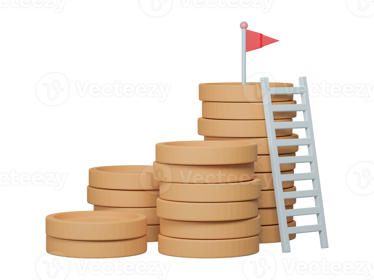Business graphics coin stacks isolated on transparent background. Growing bars graphic rising forward achievement goal. 3D render Illustration. png