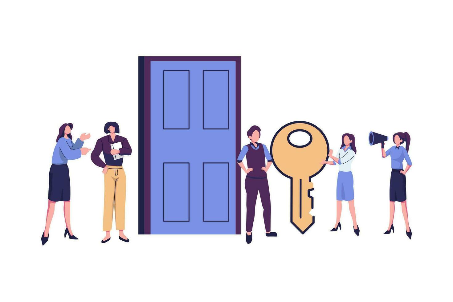 people open the door with a key, lock, making keys urgently flat vector illustration