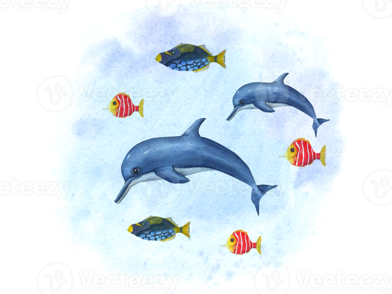 Cartoon swimming dolphins among small multicolor fishes. Porpoise, triggerfish. Sea composition on watercolor background. Hand drawn illustration for wallpaper, print, baby textile, postcard png