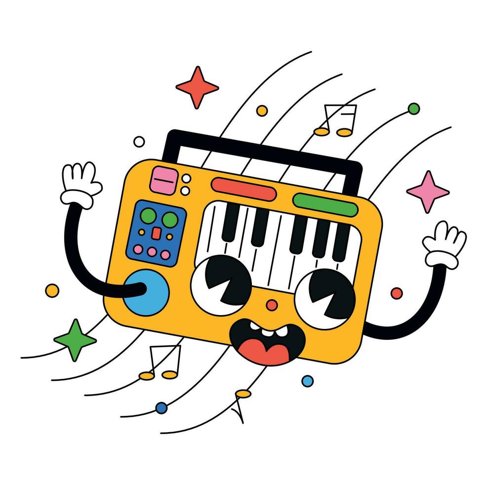 Hand drawn trendy cartoon vector illustration happy synthesizer playing music electronic piano