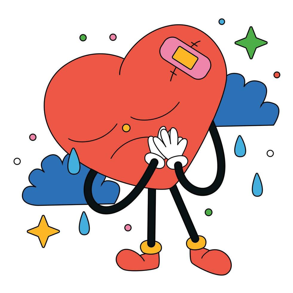 Hand drawn trendy cartoon vector illustration broken heart hurts crying need love