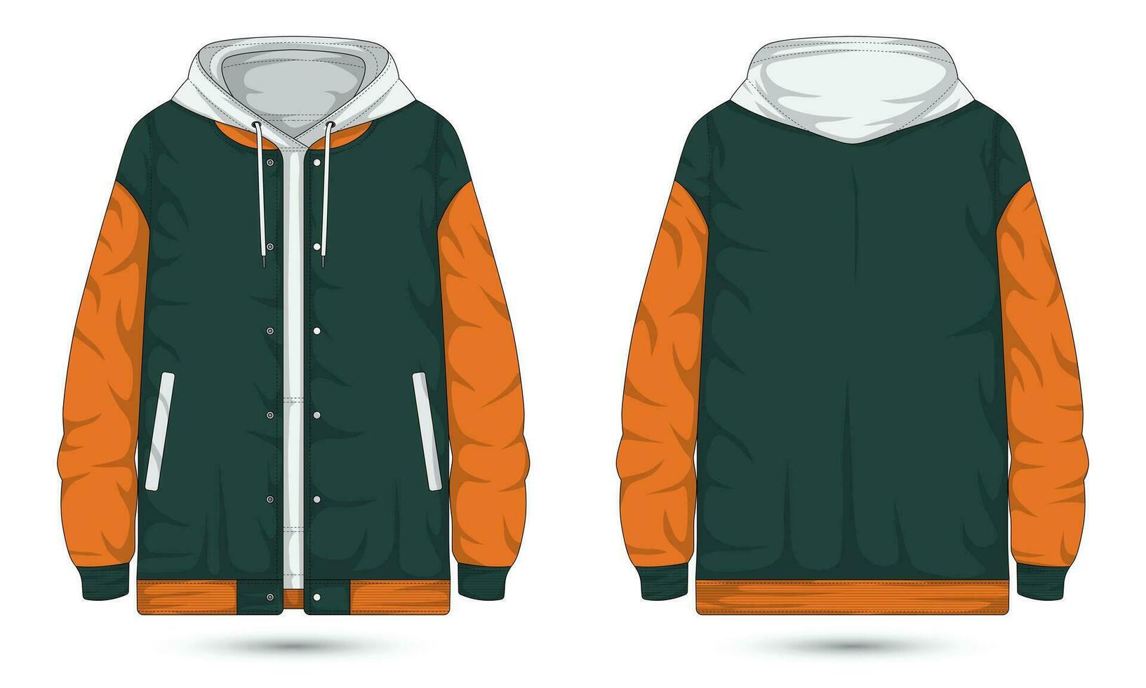Hooded letterman jacket mockup front and back view vector